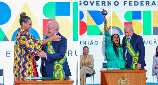 Presidente Luiz Inácio Lula da Silva ao lado das ministras dos Povos Indígenas, Sônia Guajajara, e da Igualdade Racial, Anielle Franco (Foto: Marcelo Camargo/Agência Brasil)